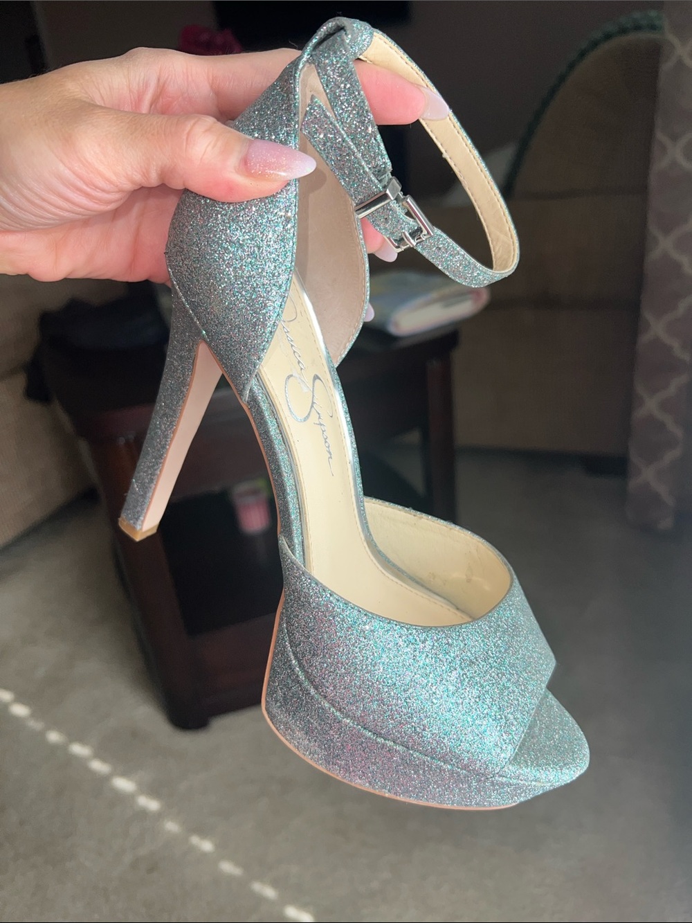 Jessica Simpson -Silver Glitter Ankle-Strap Platform Heels - Women